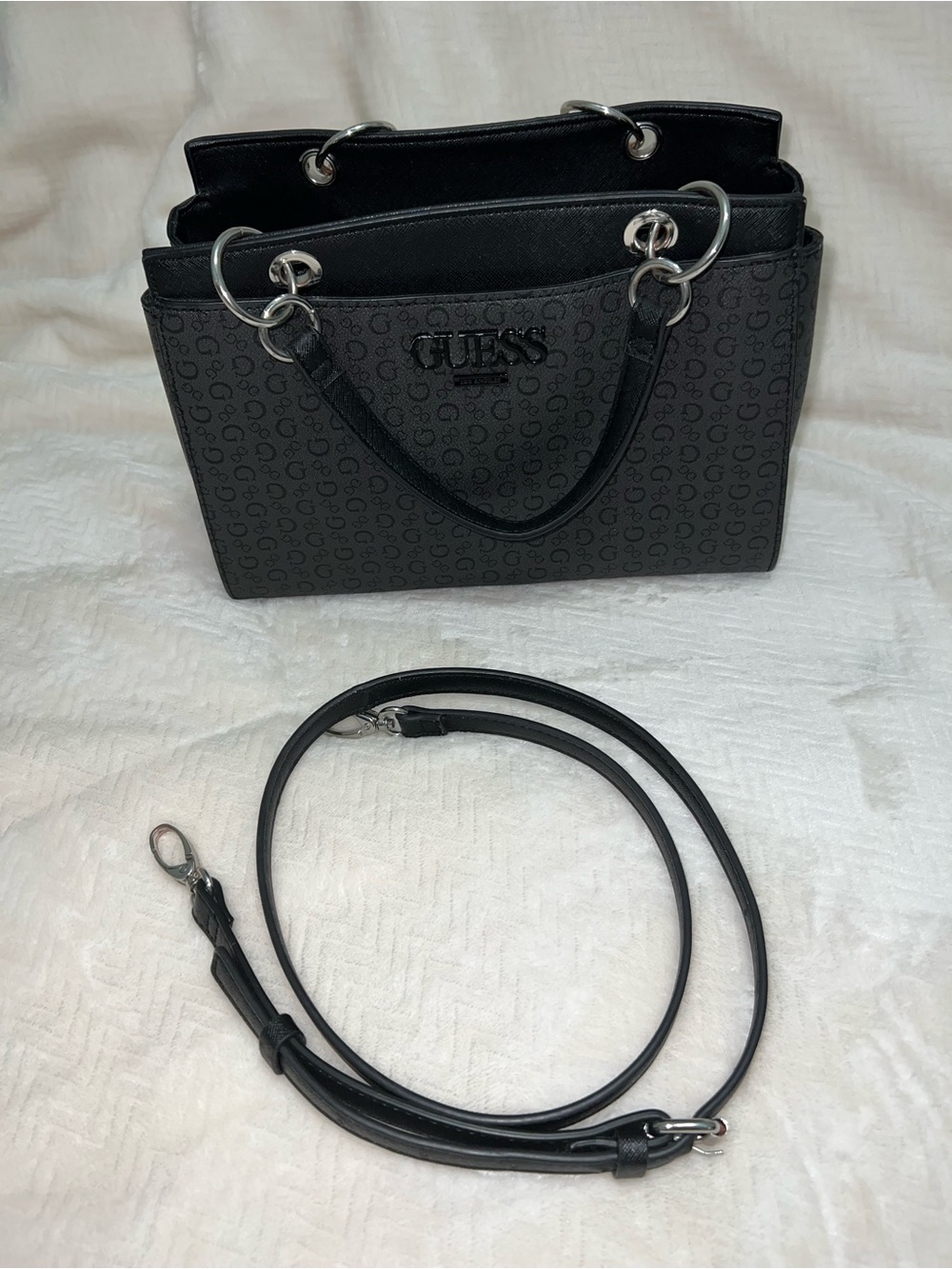 Guess Black Logo-Print Structured Satchel with Removable Strap